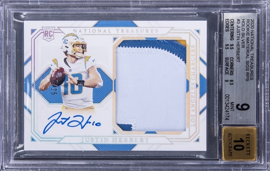 2020 National Treasures Rookie Material Signatures RPS Holo Silver #RMS-JH Justin Herbert Signed Patch Rookie Card (#10/25) - BGS MINT 9/BGS 10